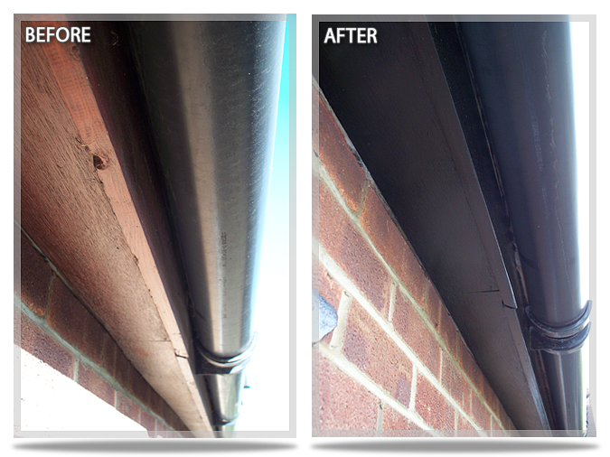 before and after images of painted guttering
